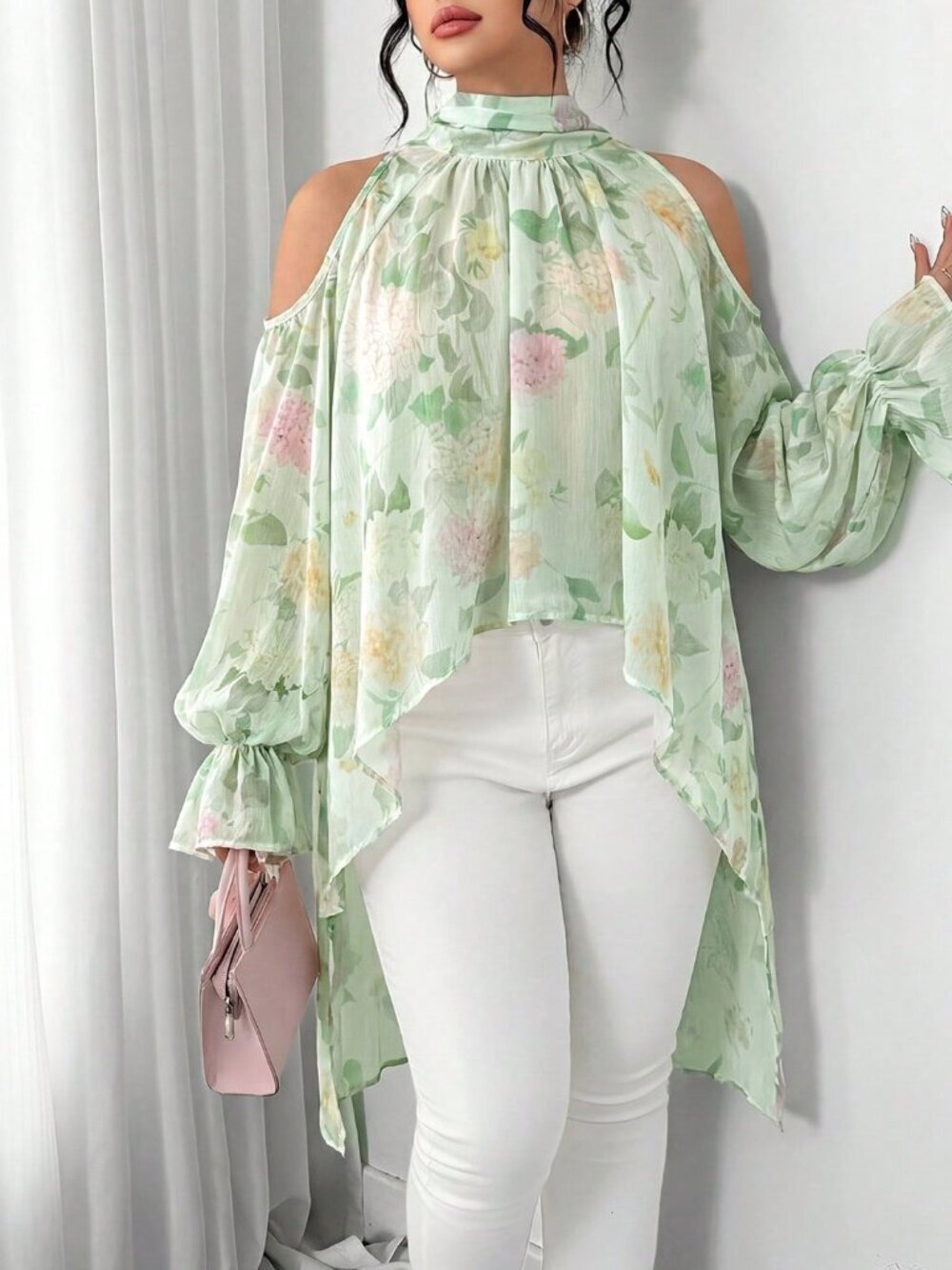 Green Casual Women's Plus Size Semi-Sheer Long Sleeve Hydrangea Print Blouse
